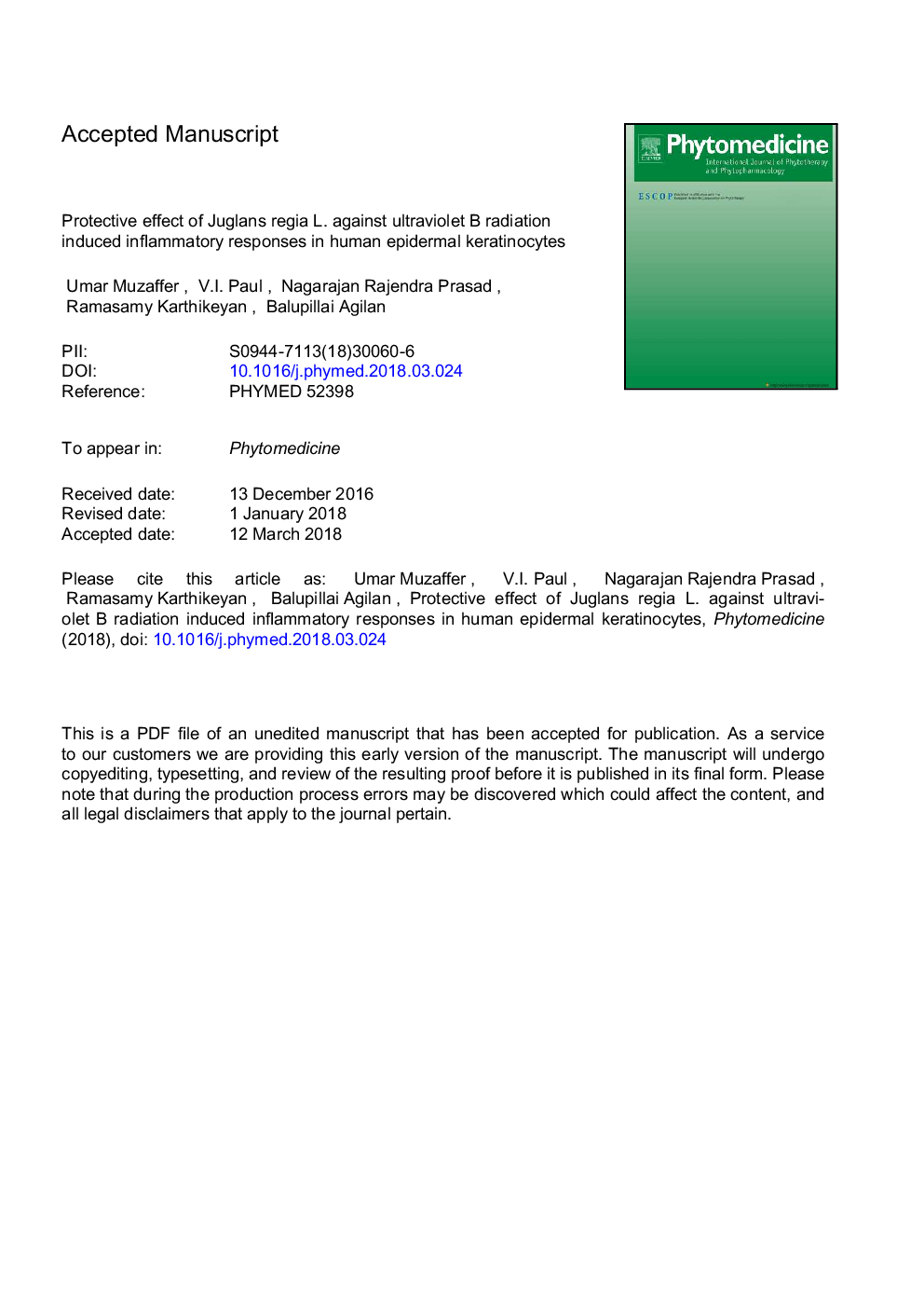 Protective effect of Juglans regia L. against ultraviolet B radiation induced inflammatory responses in human epidermal keratinocytes