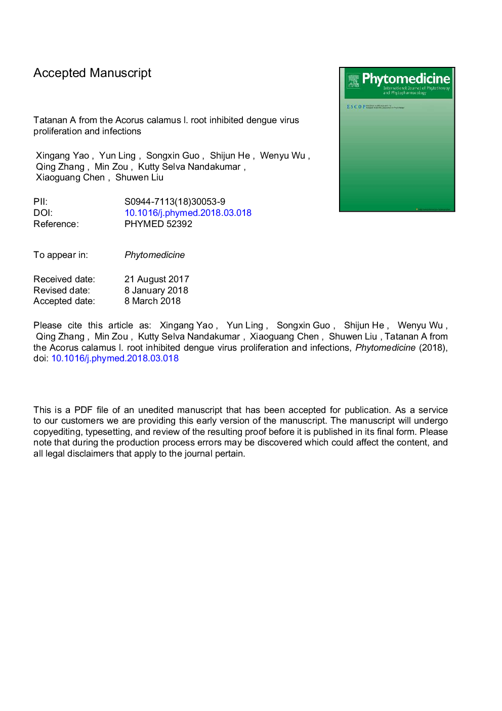 Tatanan A from the Acorus calamus L. root inhibited dengue virus proliferation and infections