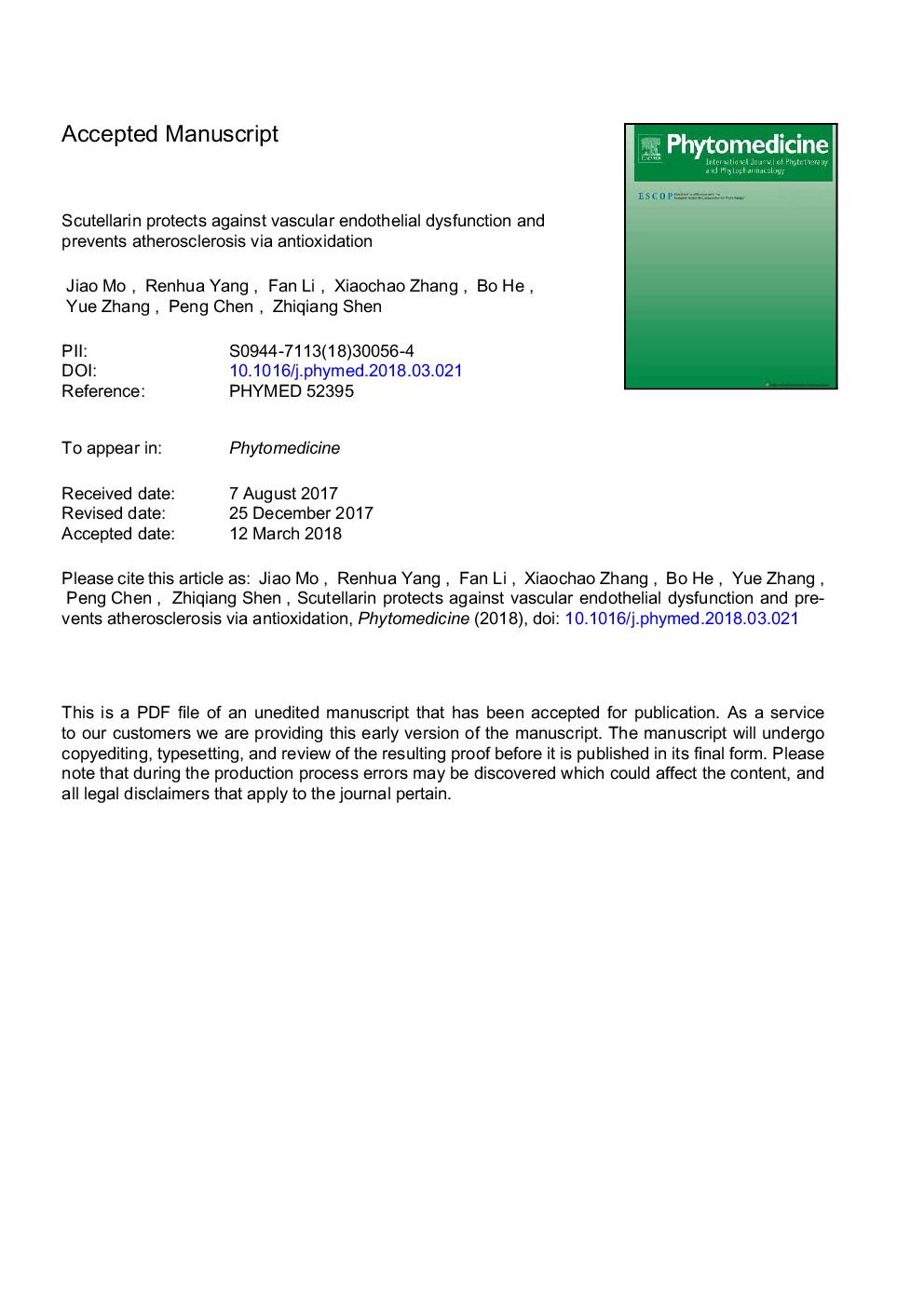 Scutellarin protects against vascular endothelial dysfunction and prevents atherosclerosis via antioxidation