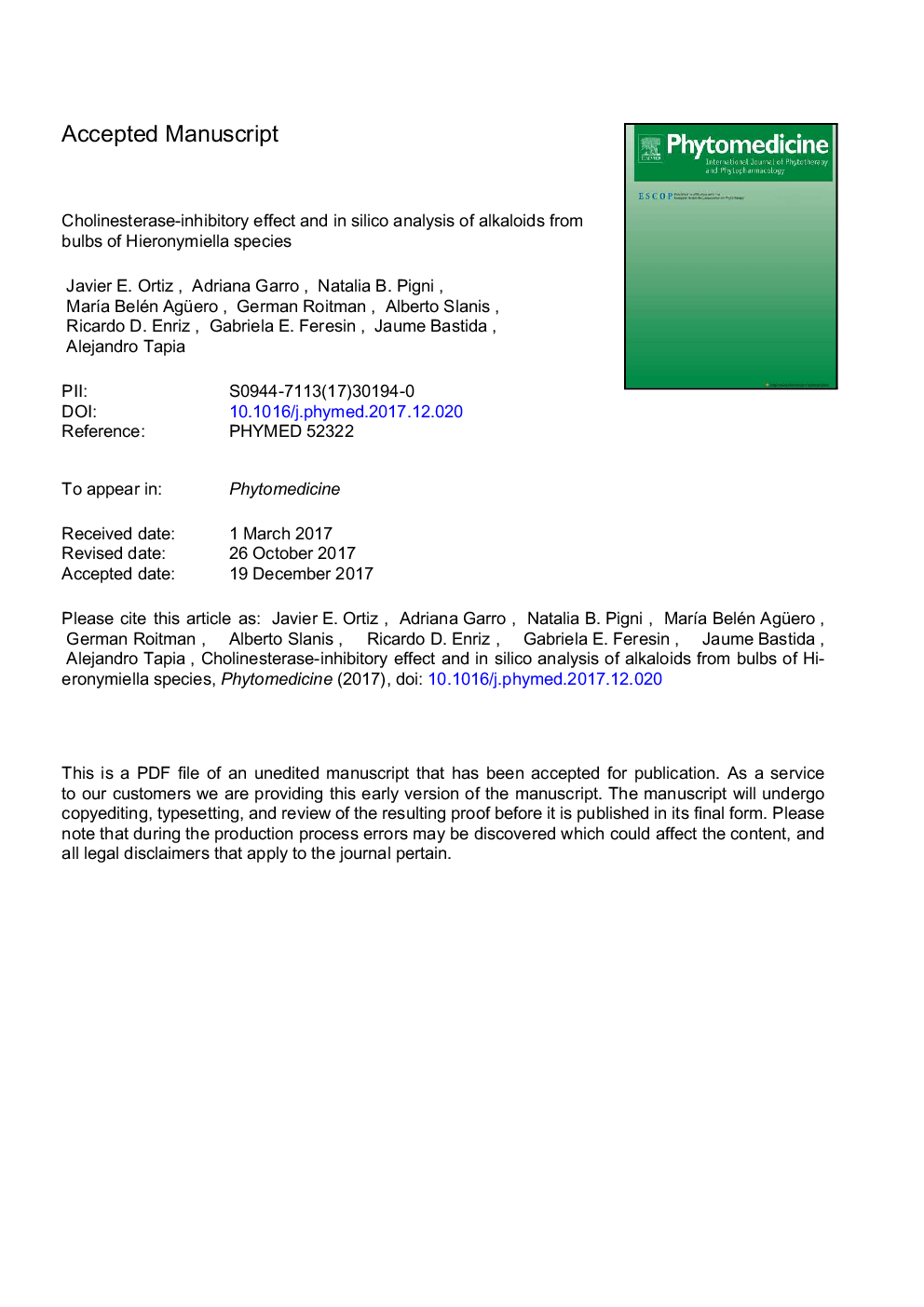 Cholinesterase-inhibitory effect and in silico analysis of alkaloids from bulbs of Hieronymiella species