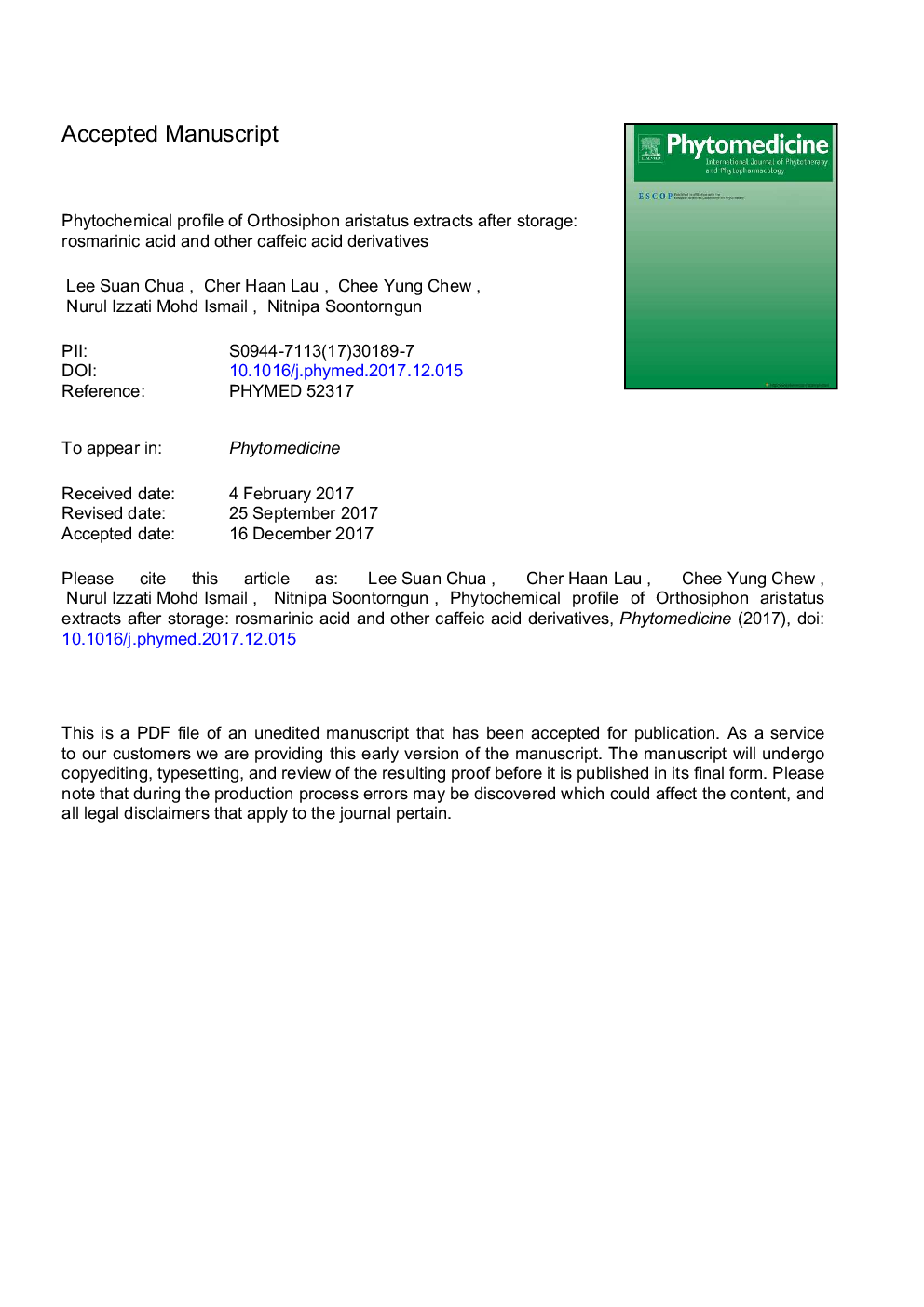 Phytochemical profile of Orthosiphon aristatus extracts after storage: Rosmarinic acid and other caffeic acid derivatives