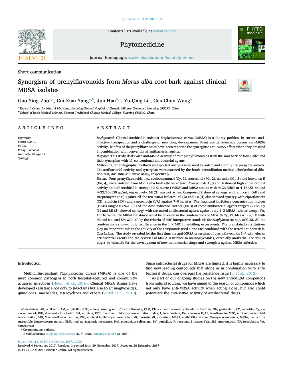 Synergism of prenylflavonoids from Morus alba root bark against clinical MRSA isolates