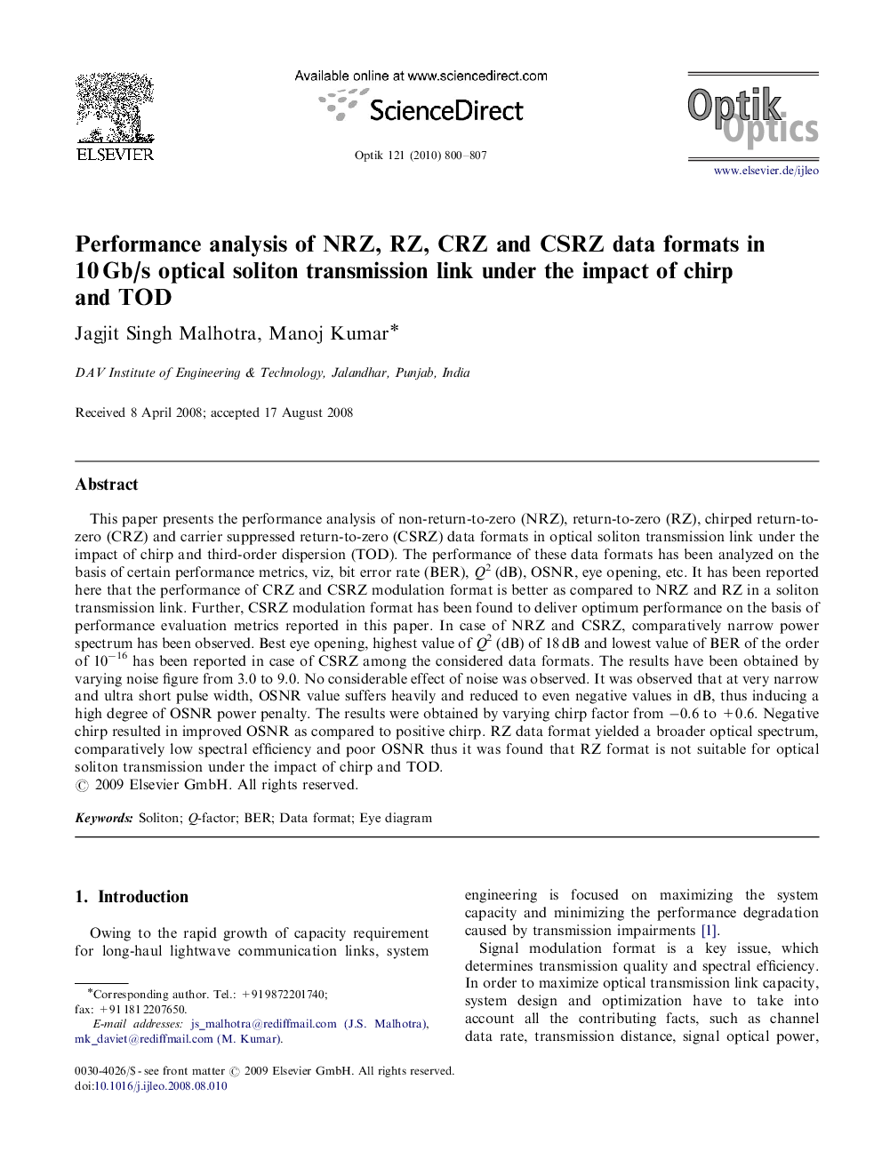 Performance analysis of NRZ, RZ, CRZ and CSRZ data formats in 10 Gb/s optical soliton transmission link under the impact of chirp and TOD