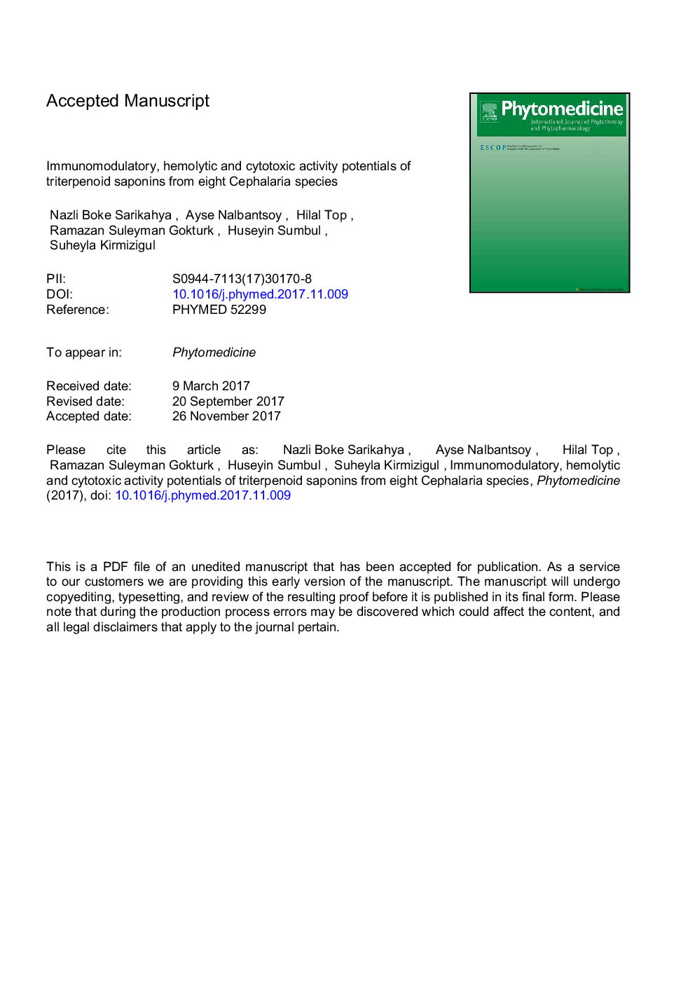 Immunomodulatory, hemolytic and cytotoxic activity potentials of triterpenoid saponins from eight Cephalaria species