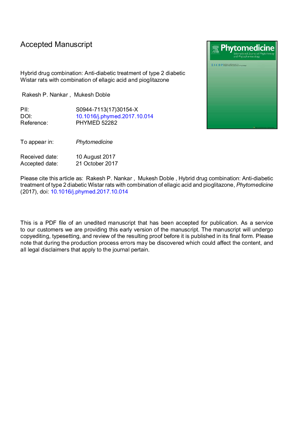 Hybrid drug combination: Anti-diabetic treatment of type 2 diabetic Wistar rats with combination of ellagic acid and pioglitazone