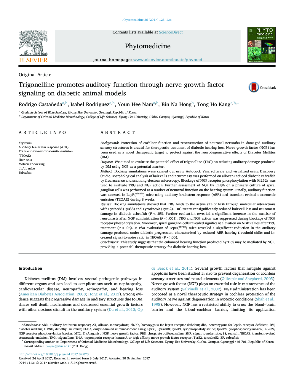 Trigonelline promotes auditory function through nerve growth factor signaling on diabetic animal models