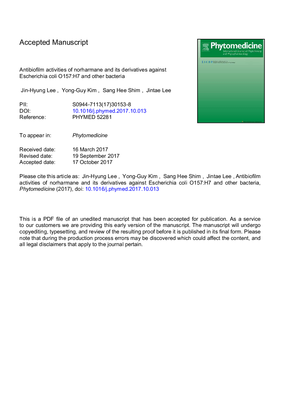 Antibiofilm activities of norharmane and its derivatives against Escherichia coli O157:H7 and other bacteria