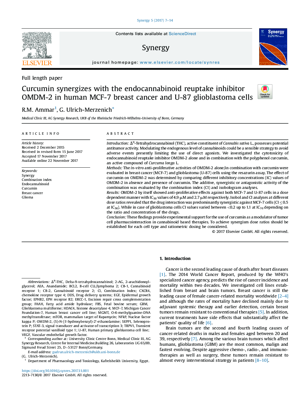 Curcumin synergizes with the endocannabinoid reuptake inhibitor OMDM-2 in human MCF-7 breast cancer and U-87 glioblastoma cells