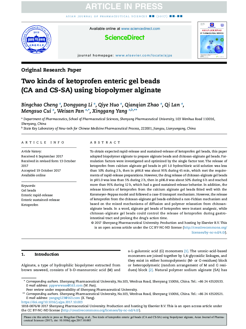 Two kinds of ketoprofen enteric gel beads (CA and CS-SA) using biopolymer alginate