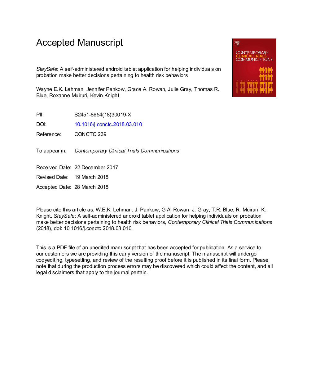 StaySafe: A self-administered android tablet application for helping individuals on probation make better decisions pertaining to health risk behaviors