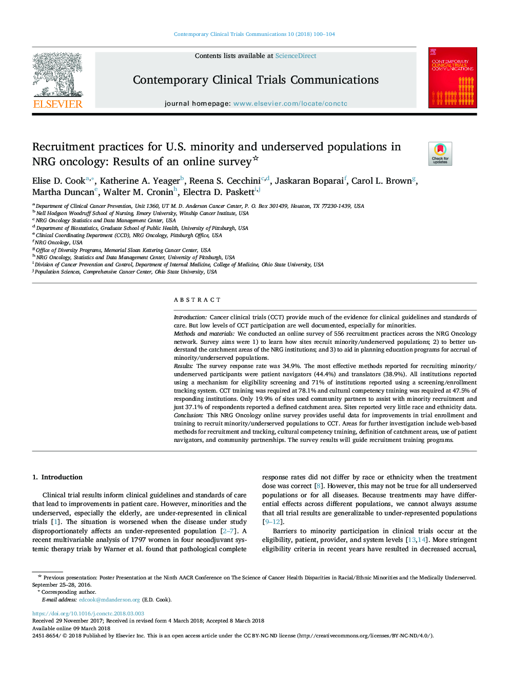 Recruitment practices for U.S. minority and underserved populations in NRG oncology: Results of an online survey
