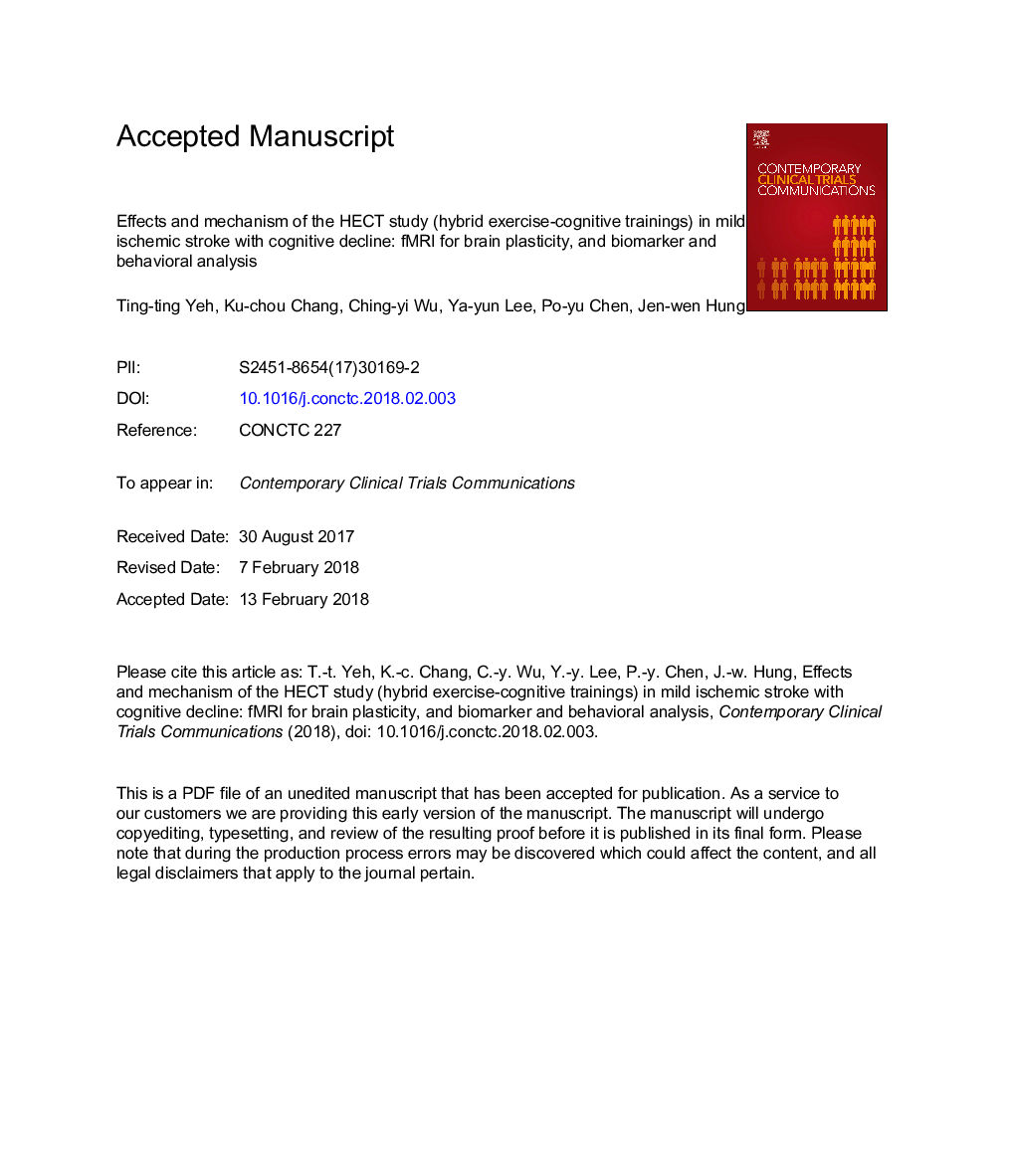 Effects and mechanism of the HECT study (hybrid exercise-cognitive trainings) in mild ischemic stroke with cognitive decline: fMRI for brain plasticity, biomarker and behavioral analysis