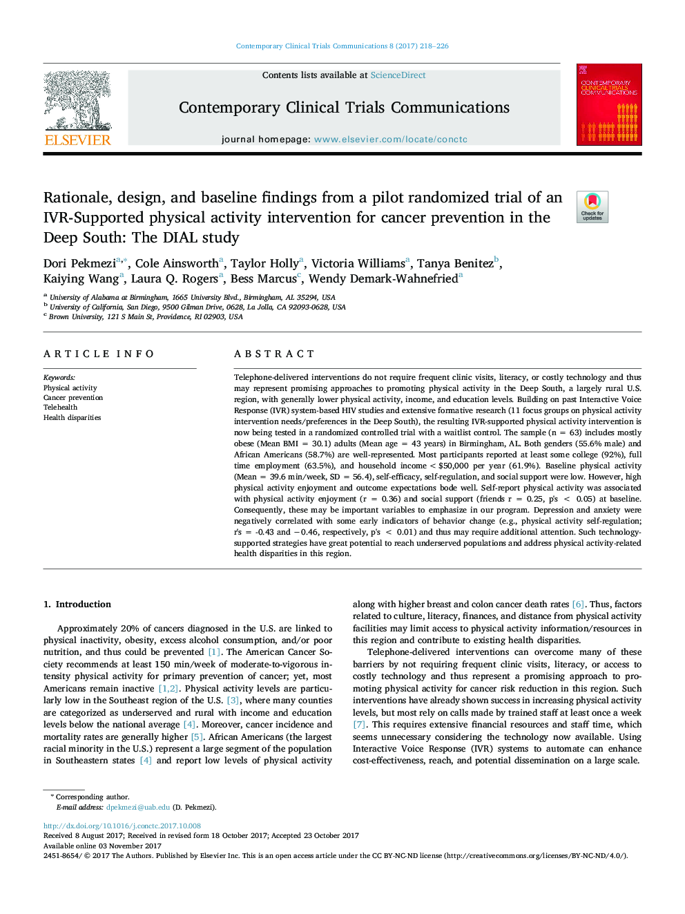 Rationale, design, and baseline findings from a pilot randomized trial of an IVR-Supported physical activity intervention for cancer prevention in the Deep South: The DIAL study