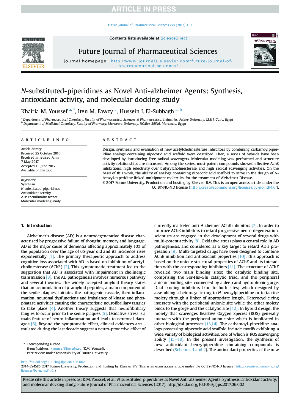 N-substituted-piperidines as Novel Anti-alzheimer Agents: Synthesis, antioxidant activity, and molecular docking study
