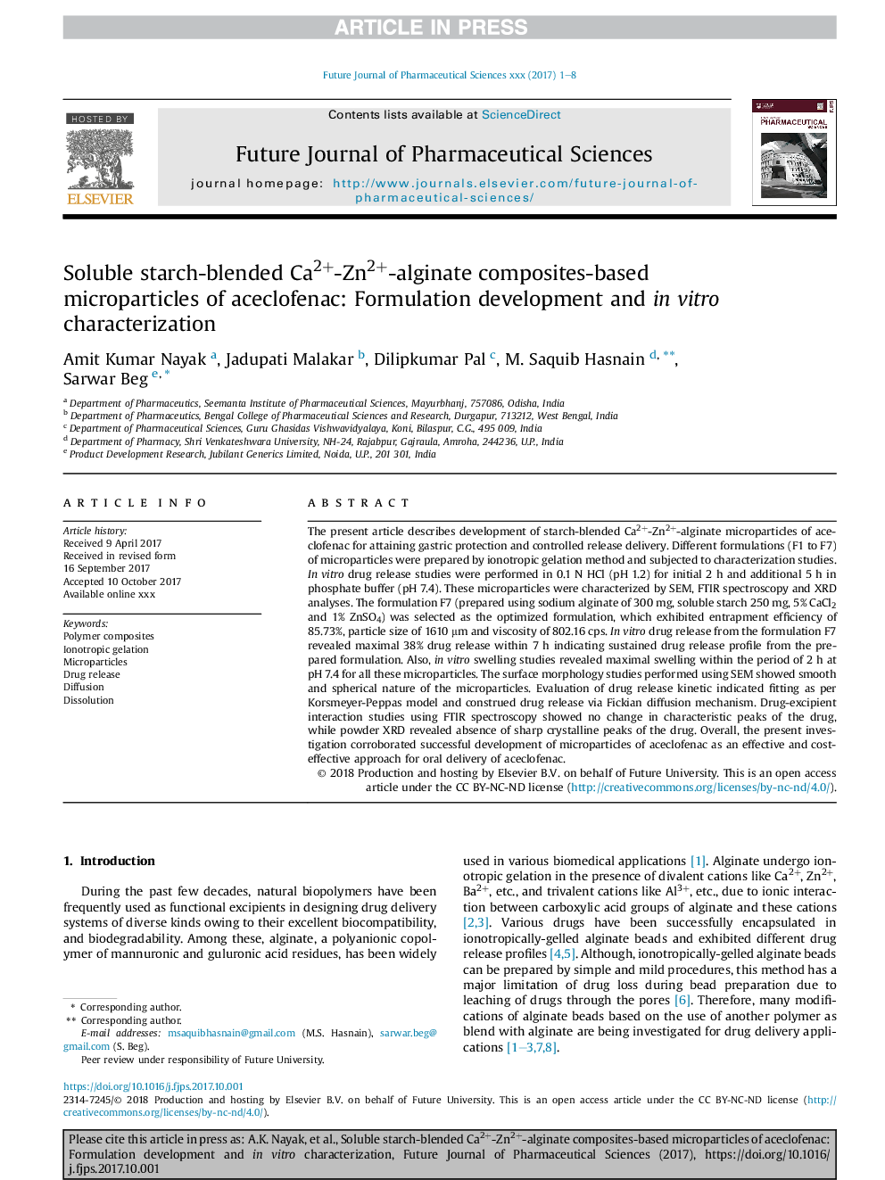 Soluble starch-blended Ca2+-Zn2+-alginate composites-based microparticles of aceclofenac: Formulation development and inÂ vitro characterization