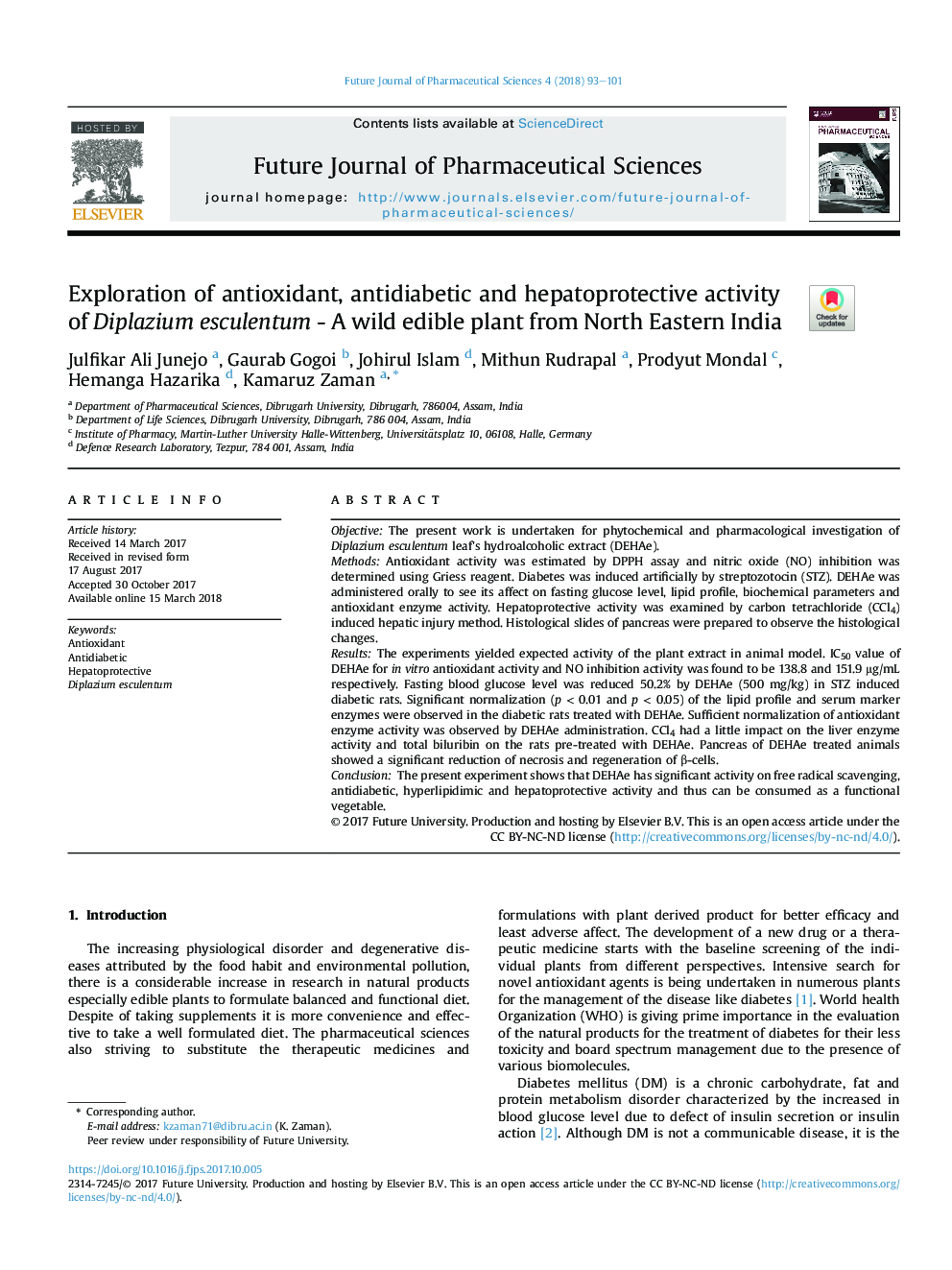 Exploration of antioxidant, antidiabetic and hepatoprotective activity of Diplazium esculentum - A wild edible plant from North Eastern India