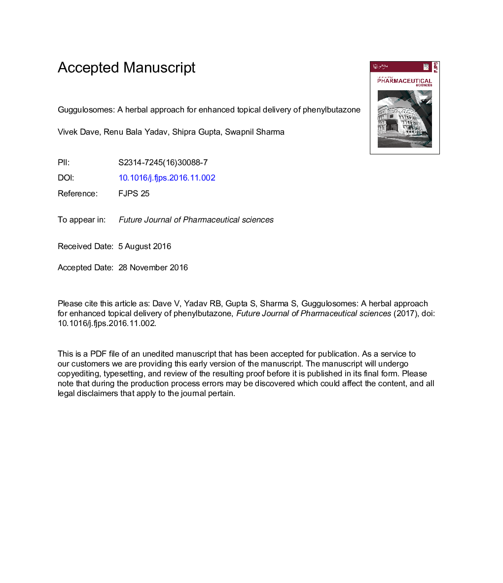 Guggulosomes: A herbal approach for enhanced topical delivery of phenylbutazone