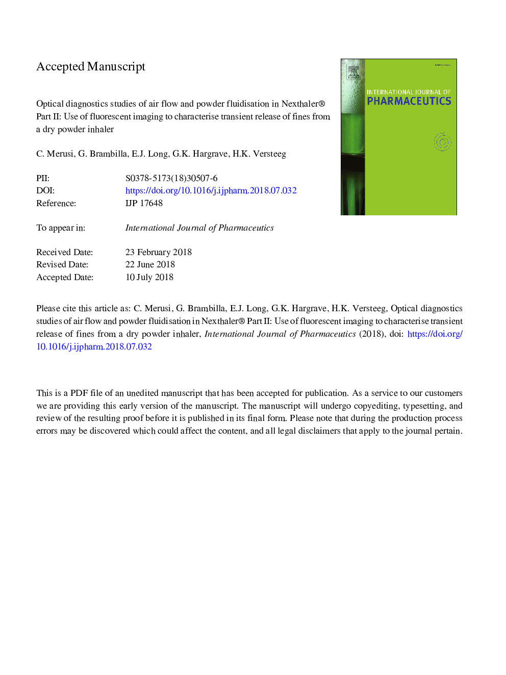 Optical diagnostics studies of air flow and powder fluidisation in Nexthaler®. Part II: Use of fluorescent imaging to characterise transient release of fines from a dry powder inhaler