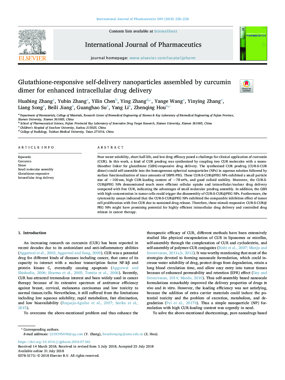 Glutathione-responsive self-delivery nanoparticles assembled by curcumin dimer for enhanced intracellular drug delivery