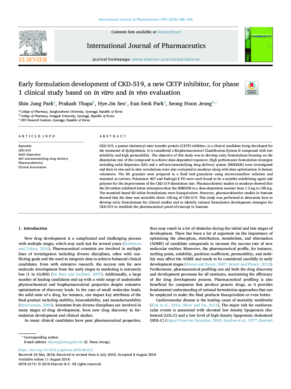 Early formulation development of CKD-519, a new CETP inhibitor, for phase 1 clinical study based on in vitro and in vivo evaluation