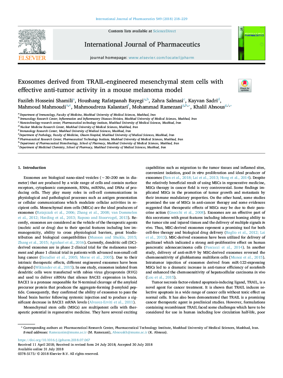 Exosomes derived from TRAIL-engineered mesenchymal stem cells with effective anti-tumor activity in a mouse melanoma model