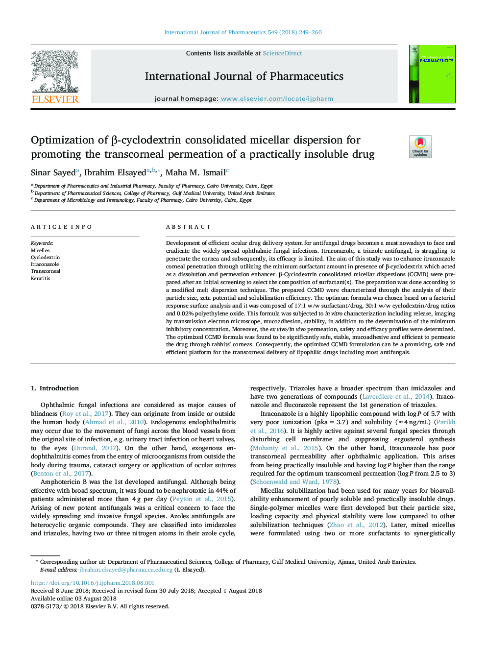 Optimization of Î²-cyclodextrin consolidated micellar dispersion for promoting the transcorneal permeation of a practically insoluble drug