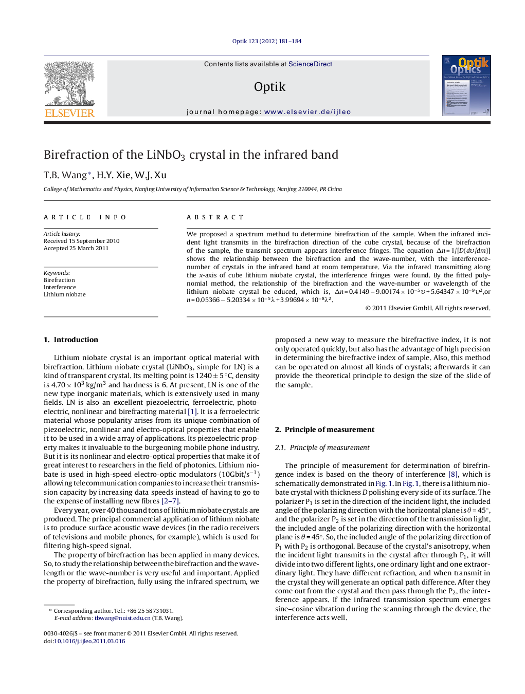 Birefraction of the LiNbO3 crystal in the infrared band