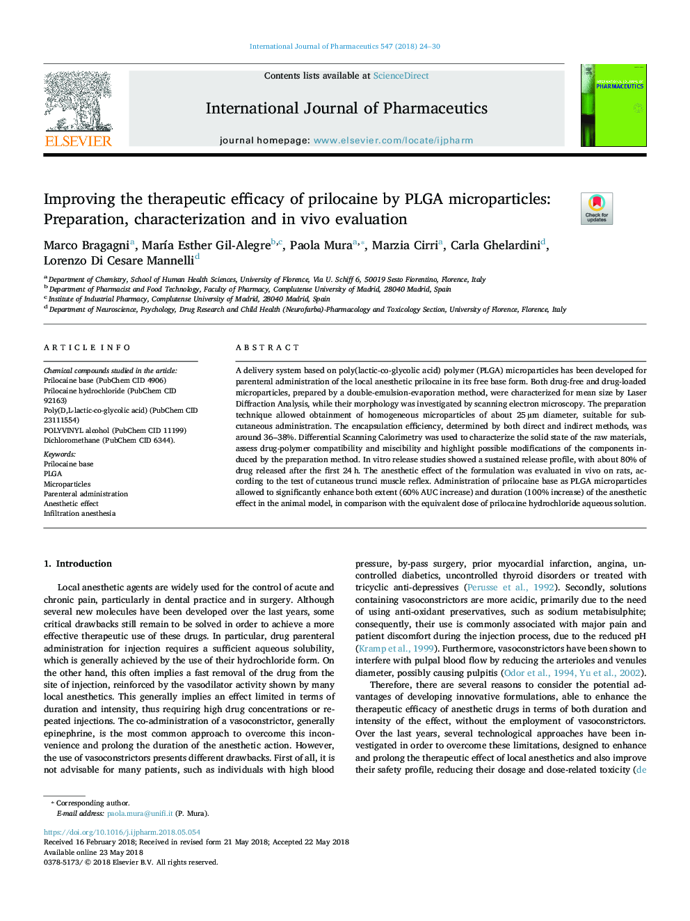 Improving the therapeutic efficacy of prilocaine by PLGA microparticles: Preparation, characterization and in vivo evaluation