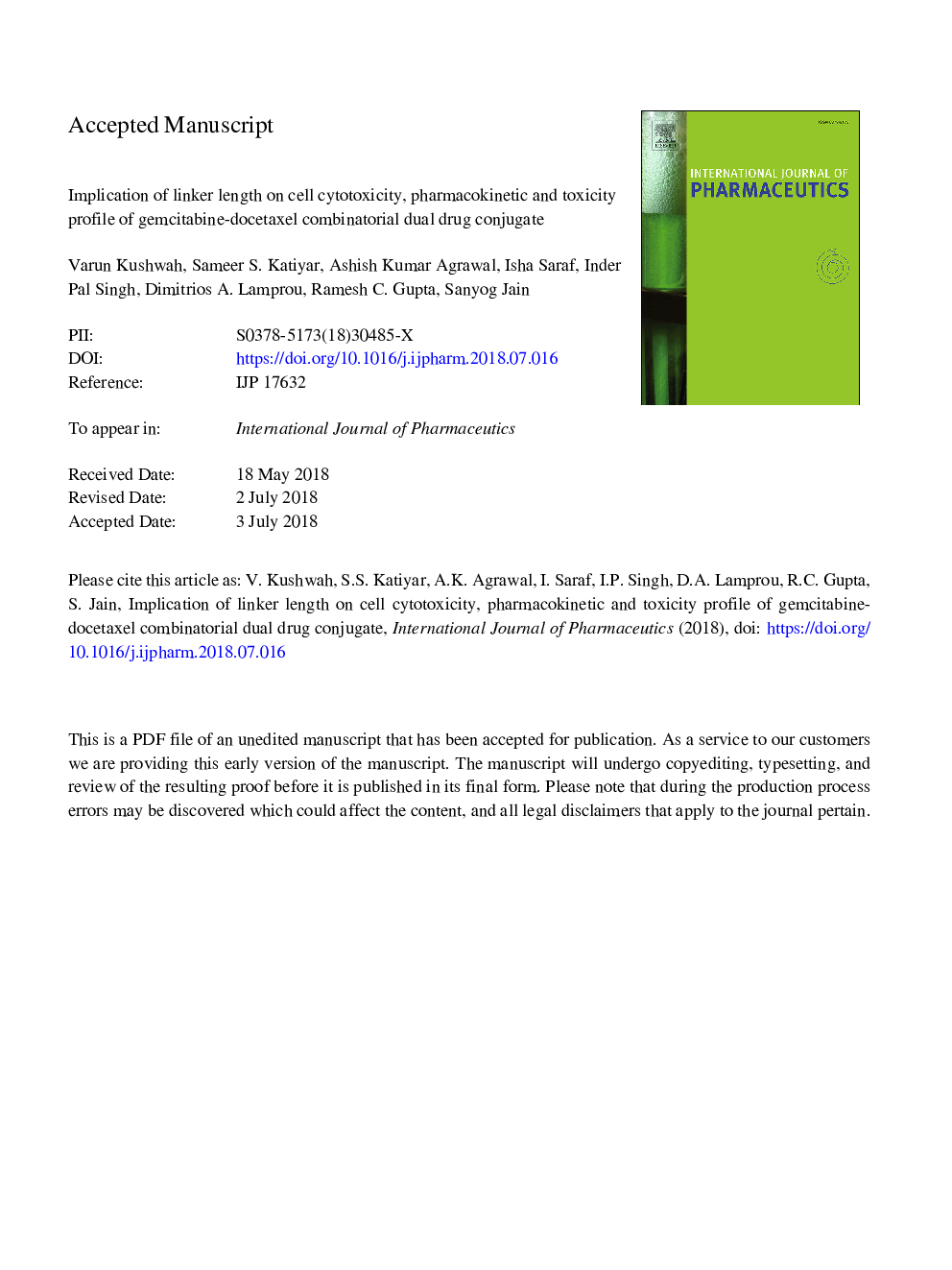 تأثیر طول لینکر بر روی سمیت سلولی سلولی، مشخصات فارماکوکینتیک و سمیت ترکیب کنسانتره داروهای ترکیبی گامسیابین-داکتراکسل ترکیبی 