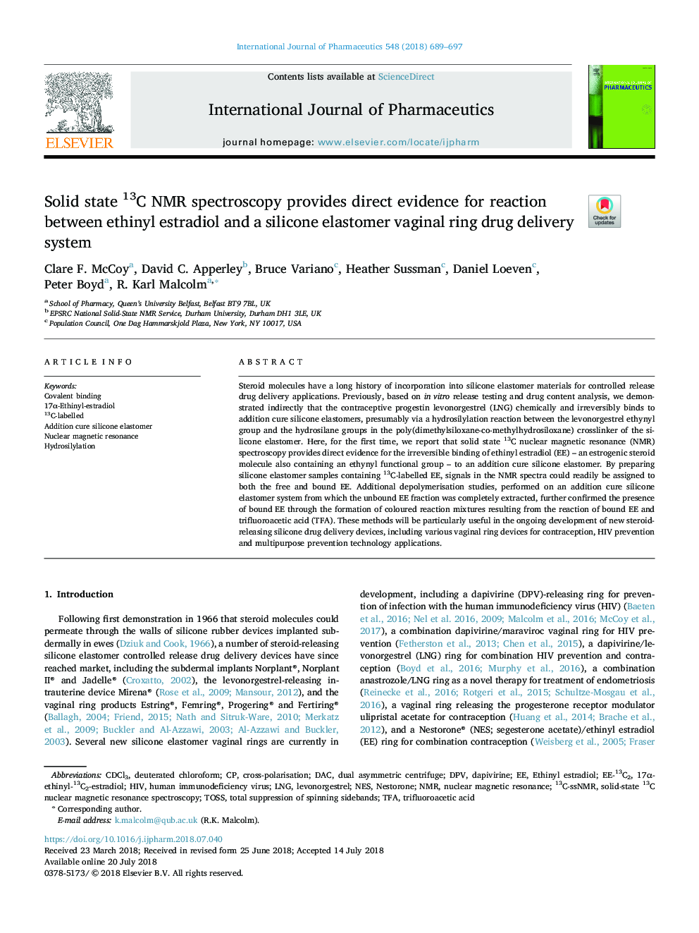 Solid state 13C NMR spectroscopy provides direct evidence for reaction between ethinyl estradiol and a silicone elastomer vaginal ring drug delivery system