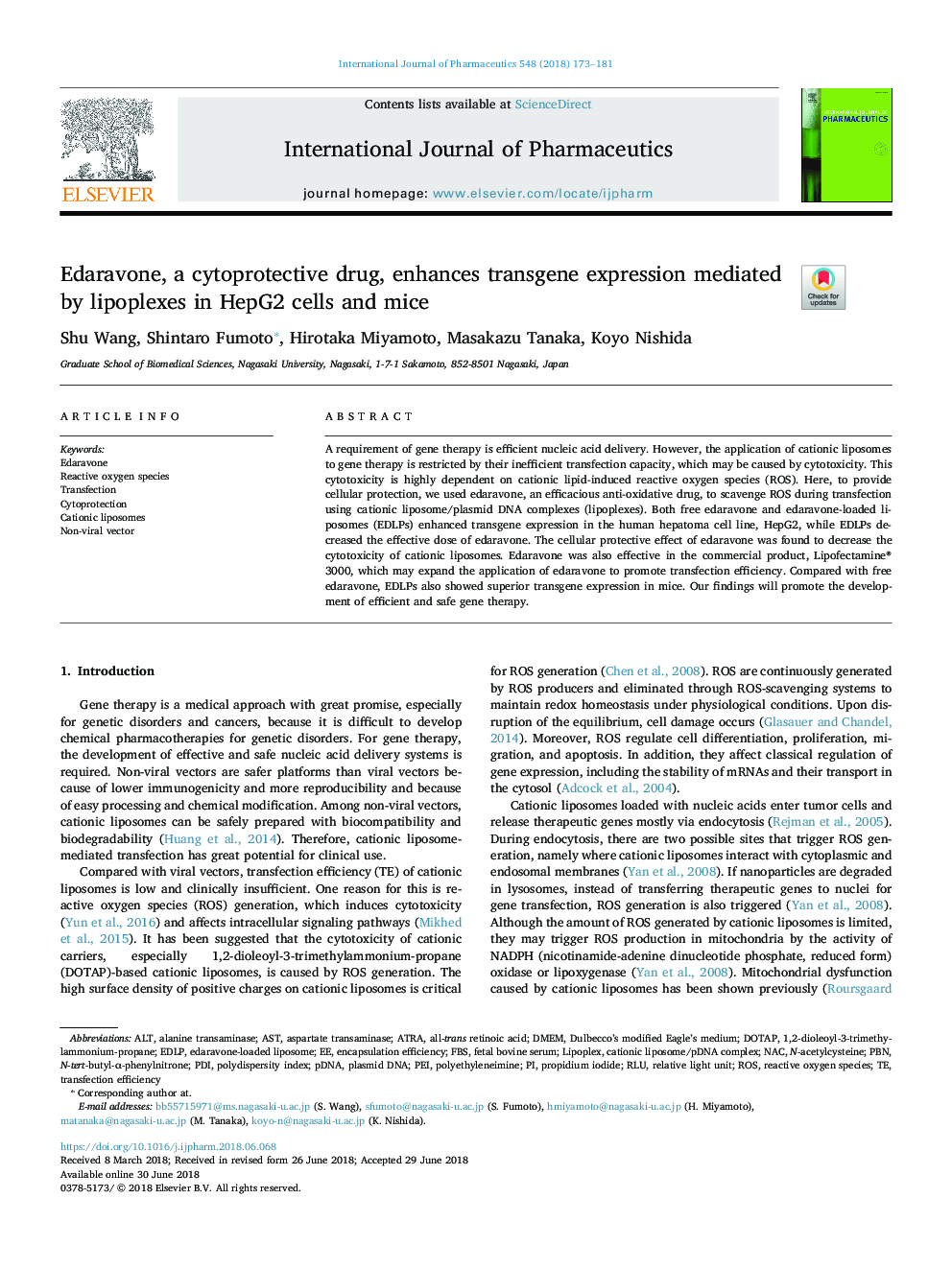 Edaravone, a cytoprotective drug, enhances transgene expression mediated by lipoplexes in HepG2 cells and mice