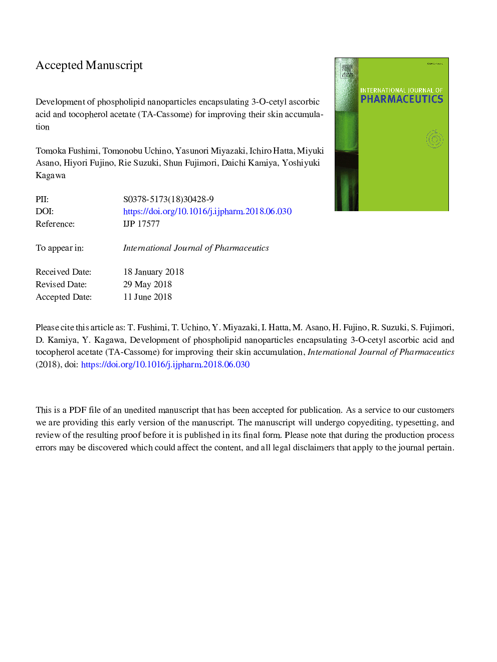 Development of phospholipid nanoparticles encapsulating 3-O-cetyl ascorbic acid and tocopherol acetate (TA-Cassome) for improving their skin accumulation