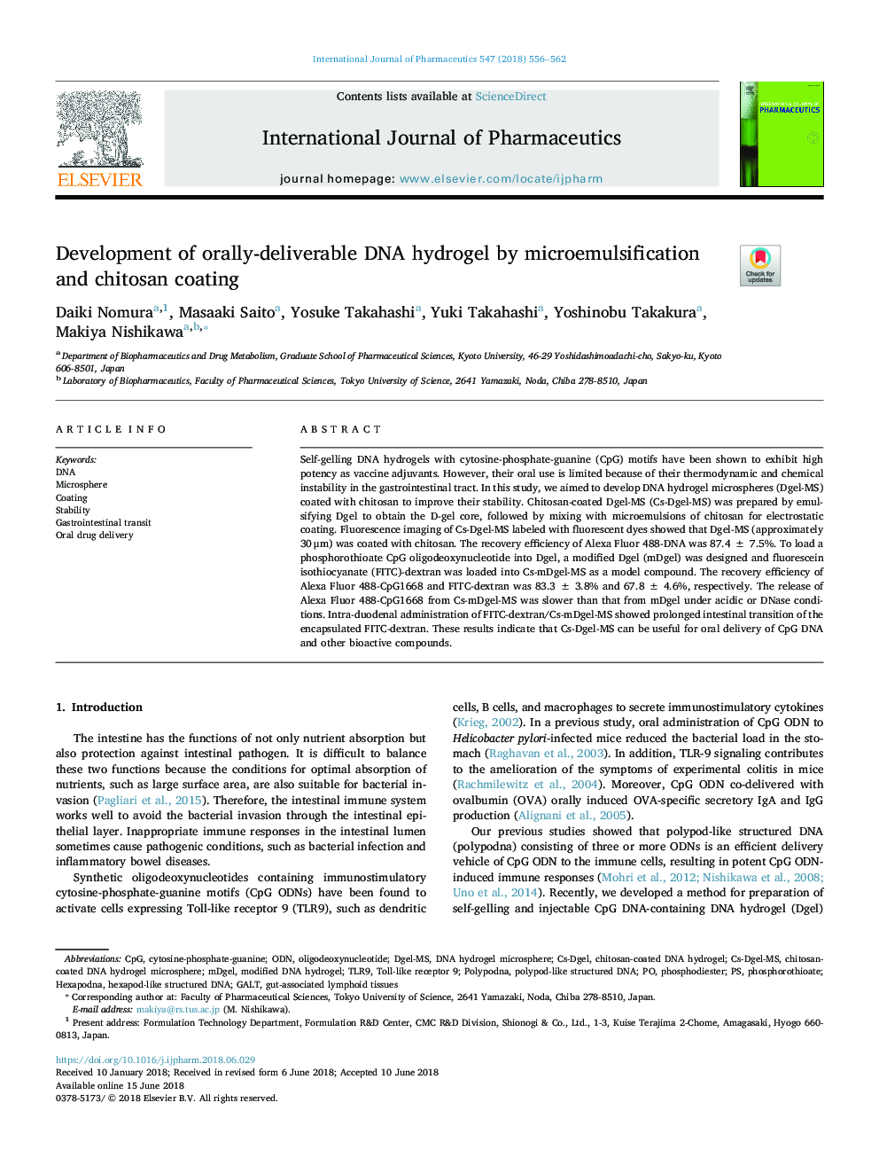 Development of orally-deliverable DNA hydrogel by microemulsification and chitosan coating