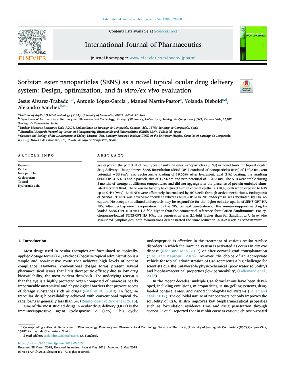 Sorbitan ester nanoparticles (SENS) as a novel topical ocular drug delivery system: Design, optimization, and in vitro/ex vivo evaluation