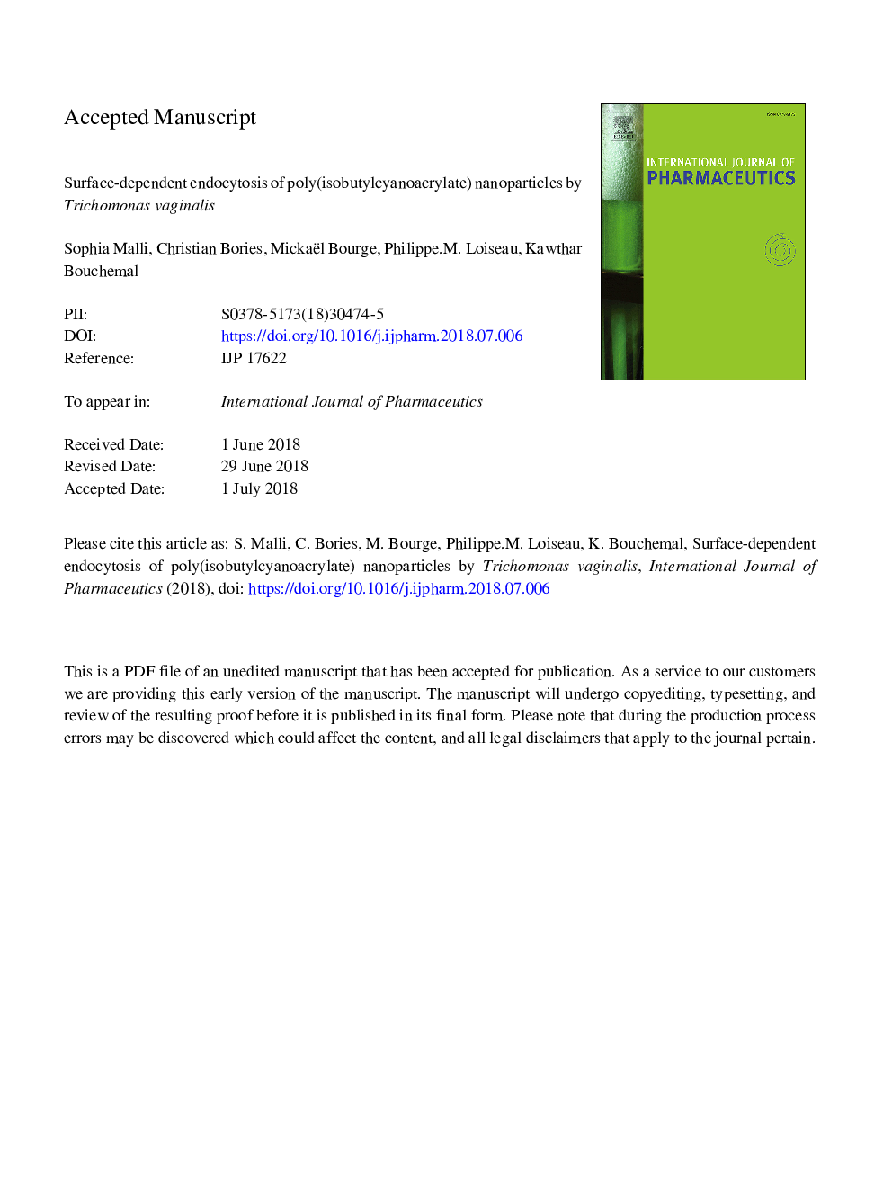 عکس صفحه اول مقاله: Surface-dependent endocytosis of poly(isobutylcyanoacrylate) nanoparticles by Trichomonas vaginalis Surface-dependent endocytosis of poly(isobutylcyanoacrylate) nanoparticles by Trichomonas vaginalis