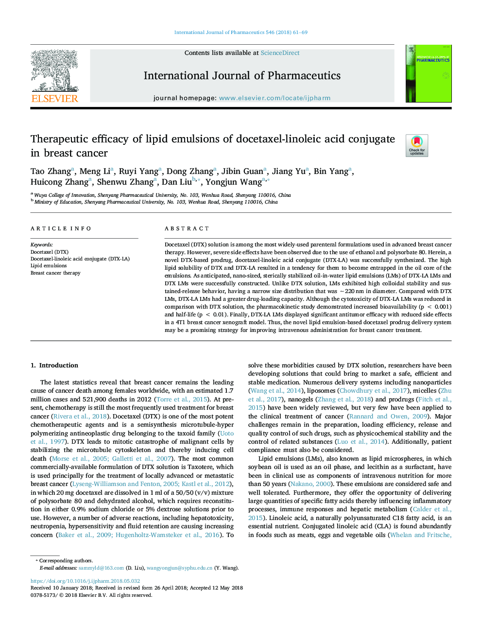 Therapeutic efficacy of lipid emulsions of docetaxel-linoleic acid conjugate in breast cancer