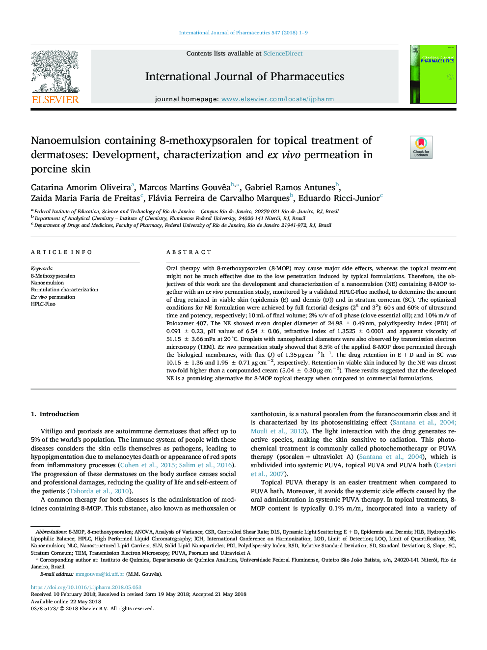 Nanoemulsion containing 8-methoxypsoralen for topical treatment of dermatoses: Development, characterization and ex vivo permeation in porcine skin