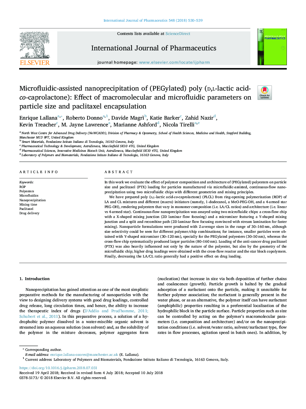 عکس صفحه اول مقاله: Microfluidic-assisted nanoprecipitation of (PEGylated) poly (d,l-lactic acid-co-caprolactone): Effect of macromolecular and microfluidic parameters on particle size and paclitaxel encapsulation Microfluidic-assisted nanoprecipitation of (PEGylated) poly (d,l-lactic acid-co-caprolactone): Effect of macromolecular and microfluidic parameters on particle size and paclitaxel encapsulation