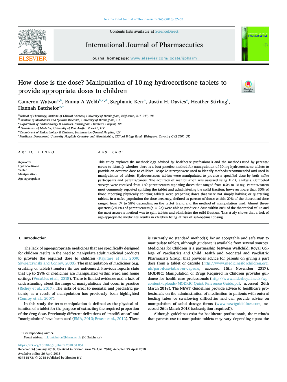 How close is the dose? Manipulation of 10â¯mg hydrocortisone tablets to provide appropriate doses to children