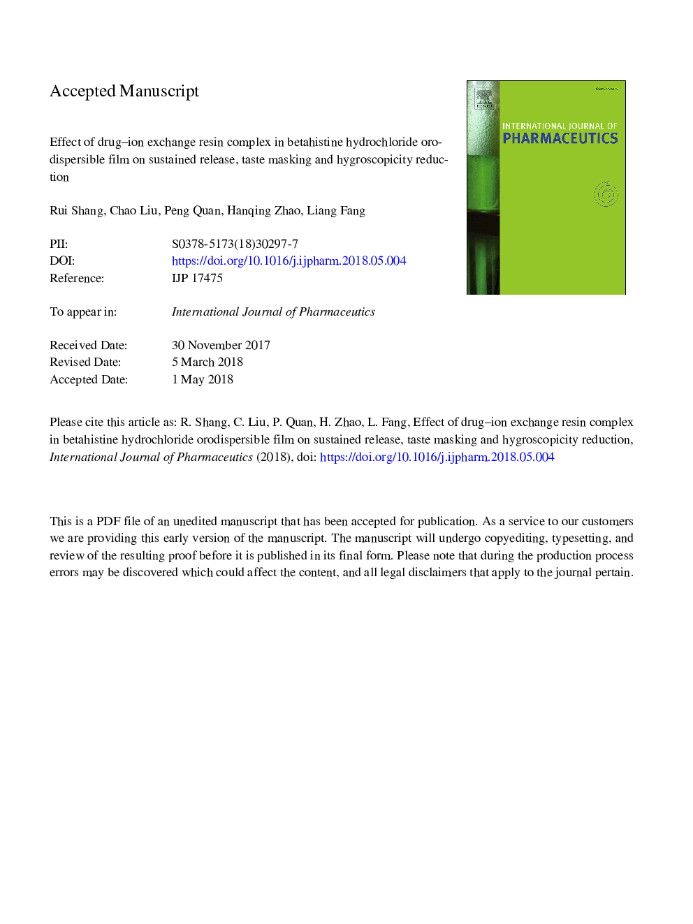 اثر ترکیب رزین مبادله یونی دارو در حشره کش ورید هیدروکلرید بر پخش مداوم، پختن طعم و کاهش میزان هیدروگرافی 