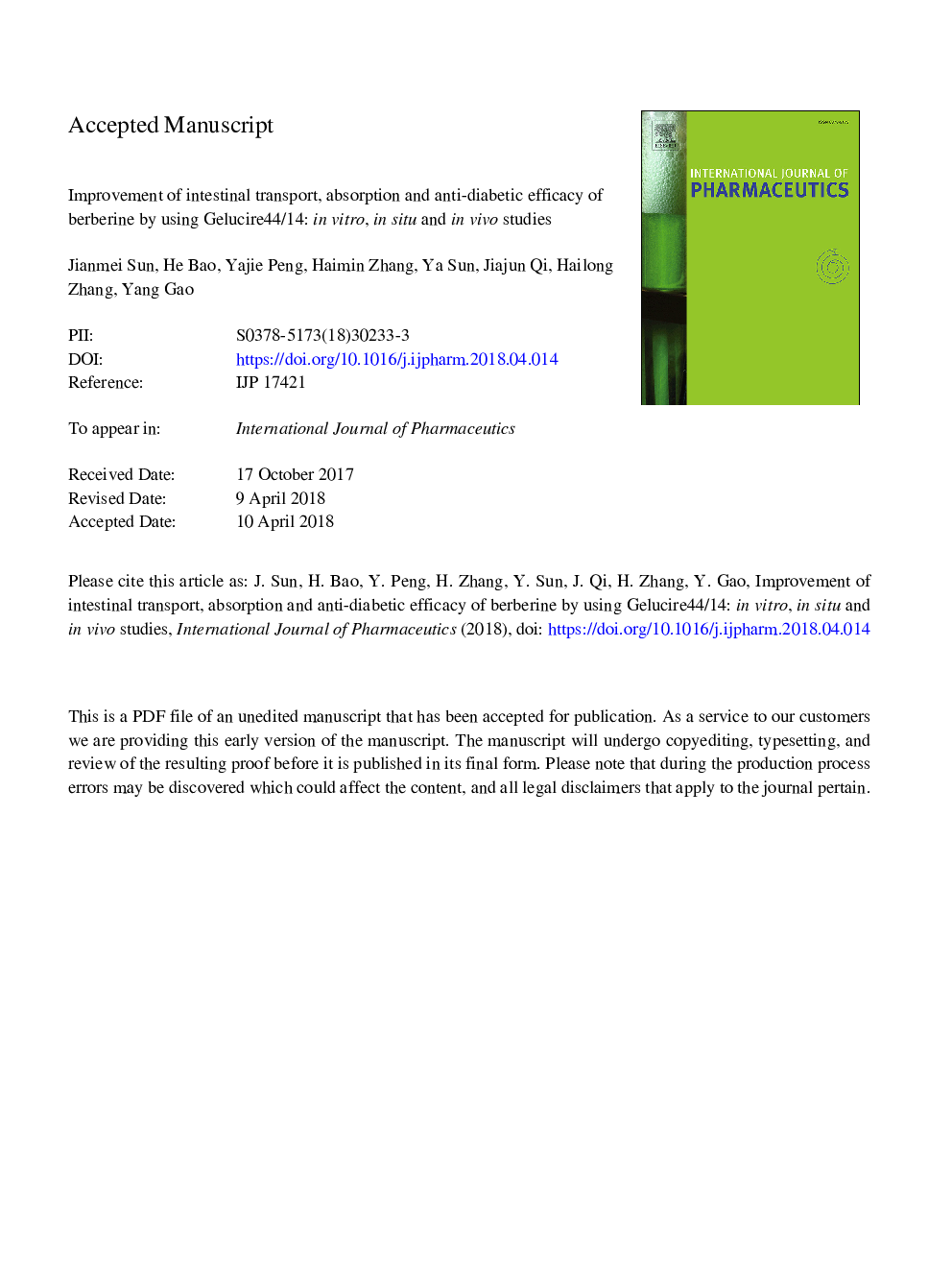 Improvement of intestinal transport, absorption and anti-diabetic efficacy of berberine by using Gelucire44/14: In vitro, in situ and in vivo studies