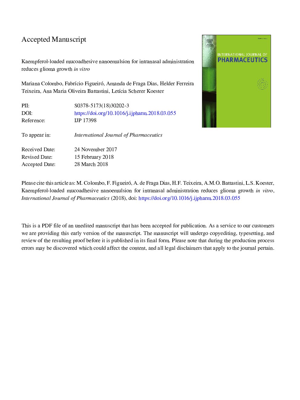 Kaempferol-loaded mucoadhesive nanoemulsion for intranasal administration reduces glioma growth in vitro