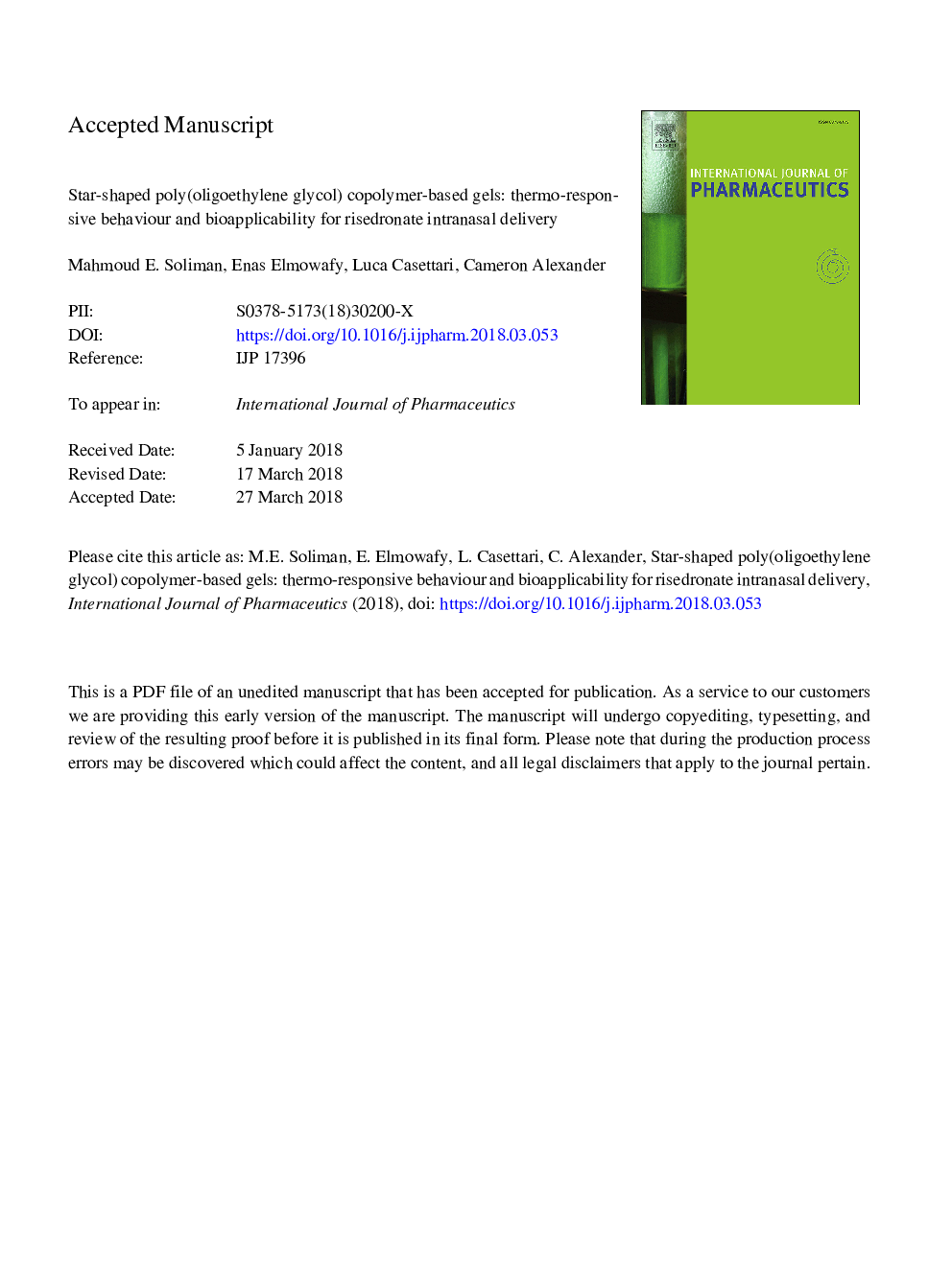 Star-shaped poly(oligoethylene glycol) copolymer-based gels: Thermo-responsive behaviour and bioapplicability for risedronate intranasal delivery