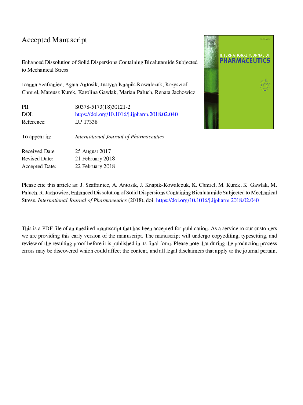 Enhanced dissolution of solid dispersions containing bicalutamide subjected to mechanical stress