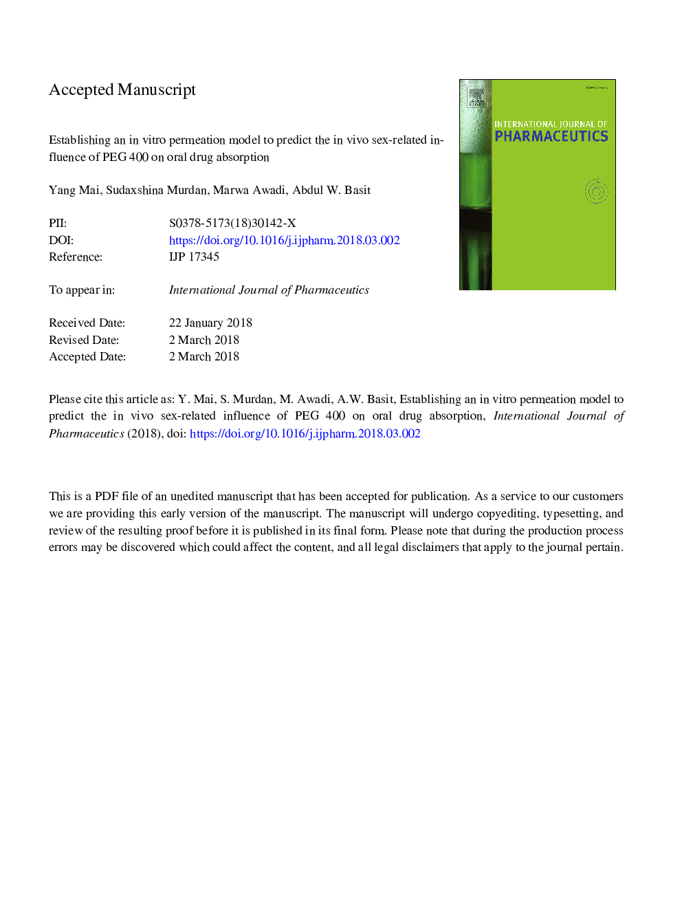 Establishing an in vitro permeation model to predict the in vivo sex-related influence of PEG 400 on oral drug absorption