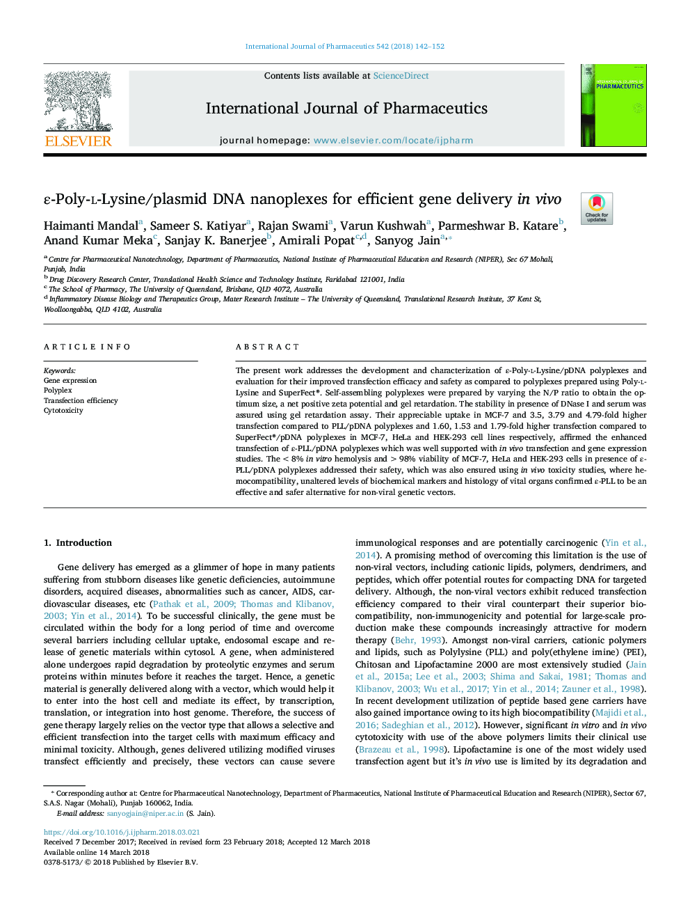 Îµ-Poly-l-Lysine/plasmid DNA nanoplexes for efficient gene delivery in vivo