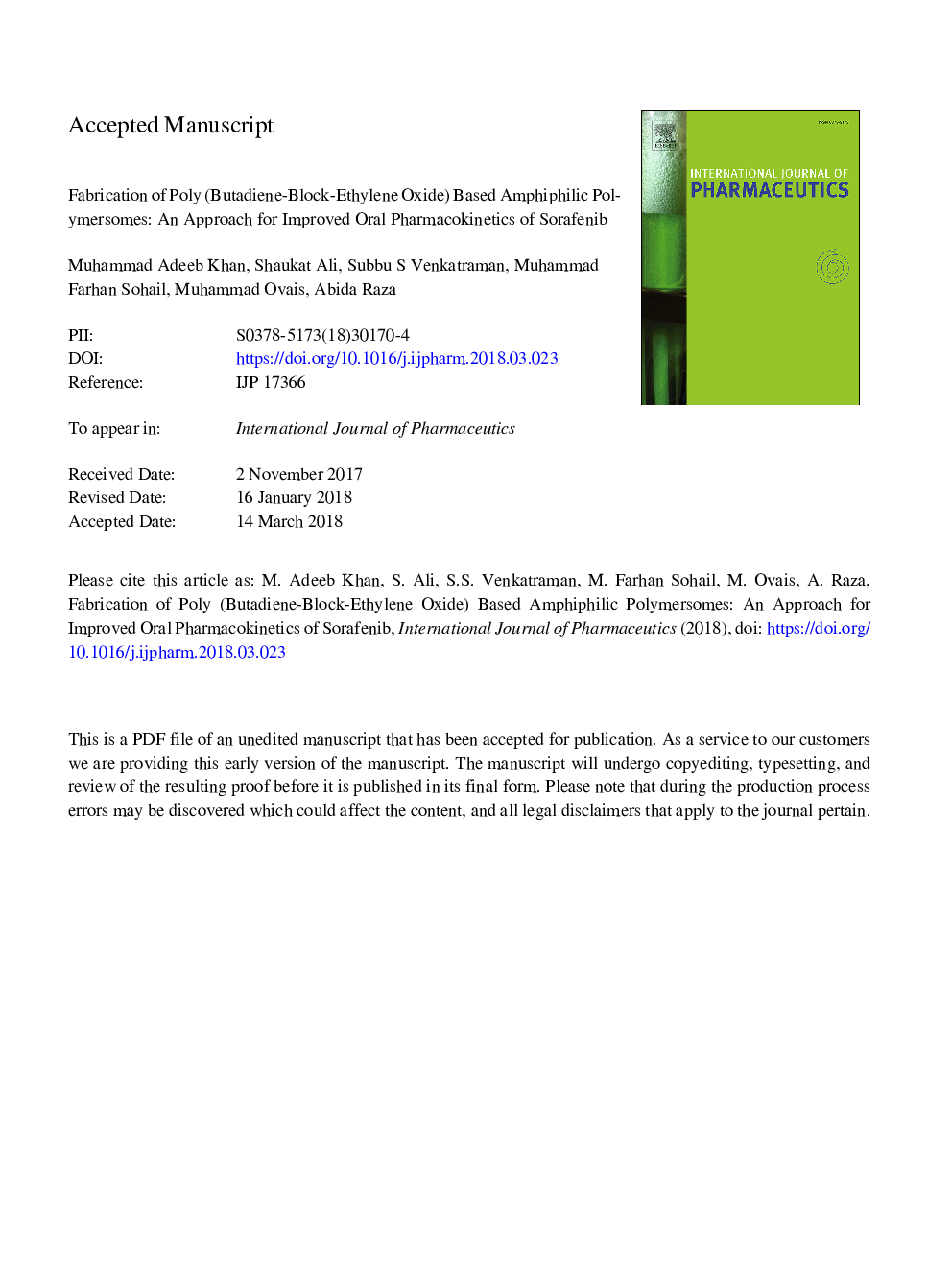 Fabrication of poly (butadiene-block-ethylene oxide) based amphiphilic polymersomes: An approach for improved oral pharmacokinetics of Sorafenib