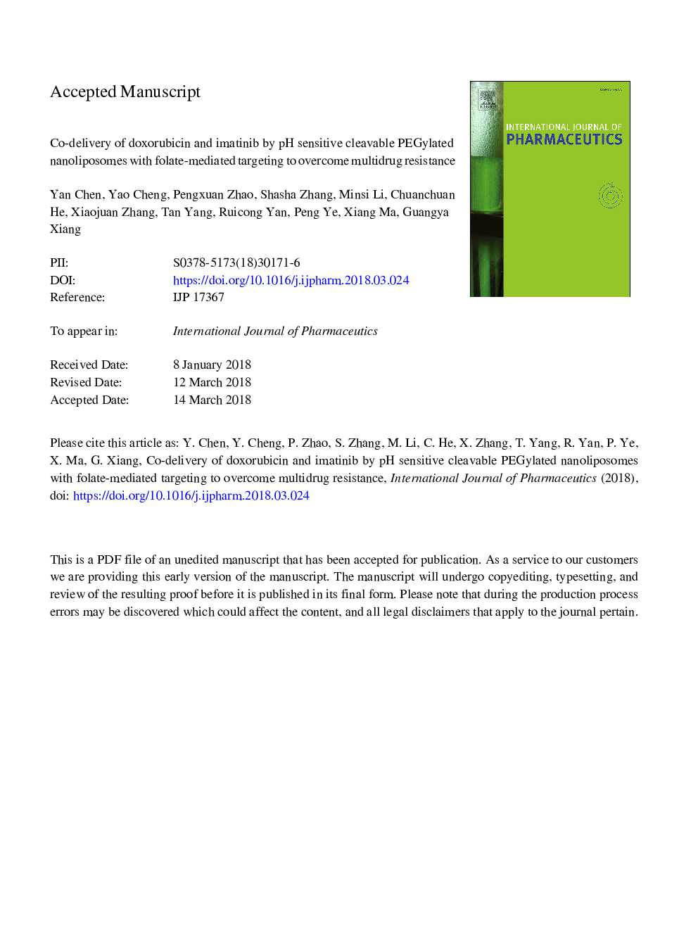 Co-delivery of doxorubicin and imatinib by pH sensitive cleavable PEGylated nanoliposomes with folate-mediated targeting to overcome multidrug resistance