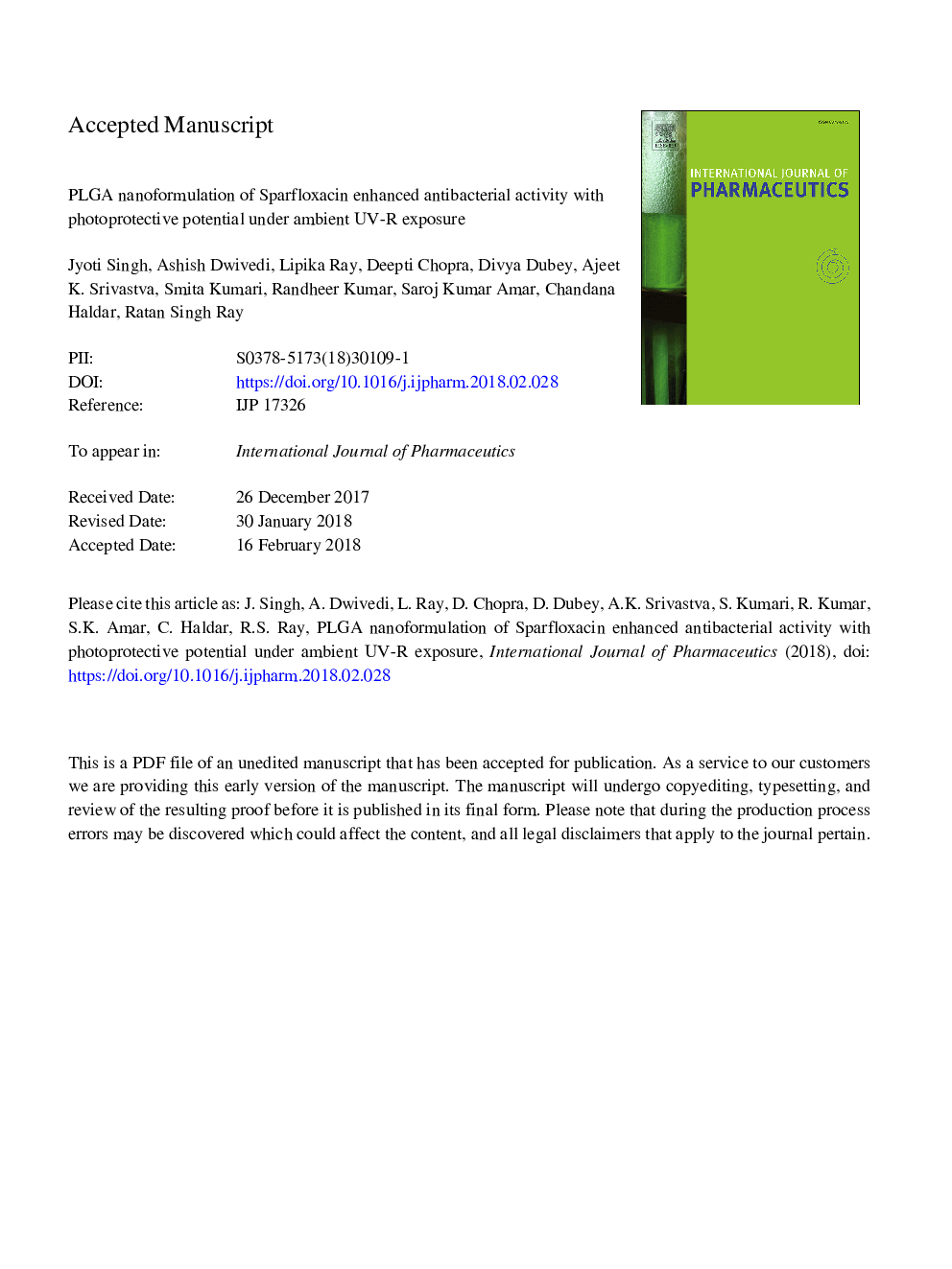 PLGA nanoformulation of sparfloxacin enhanced antibacterial activity with photoprotective potential under ambient UV-R exposure