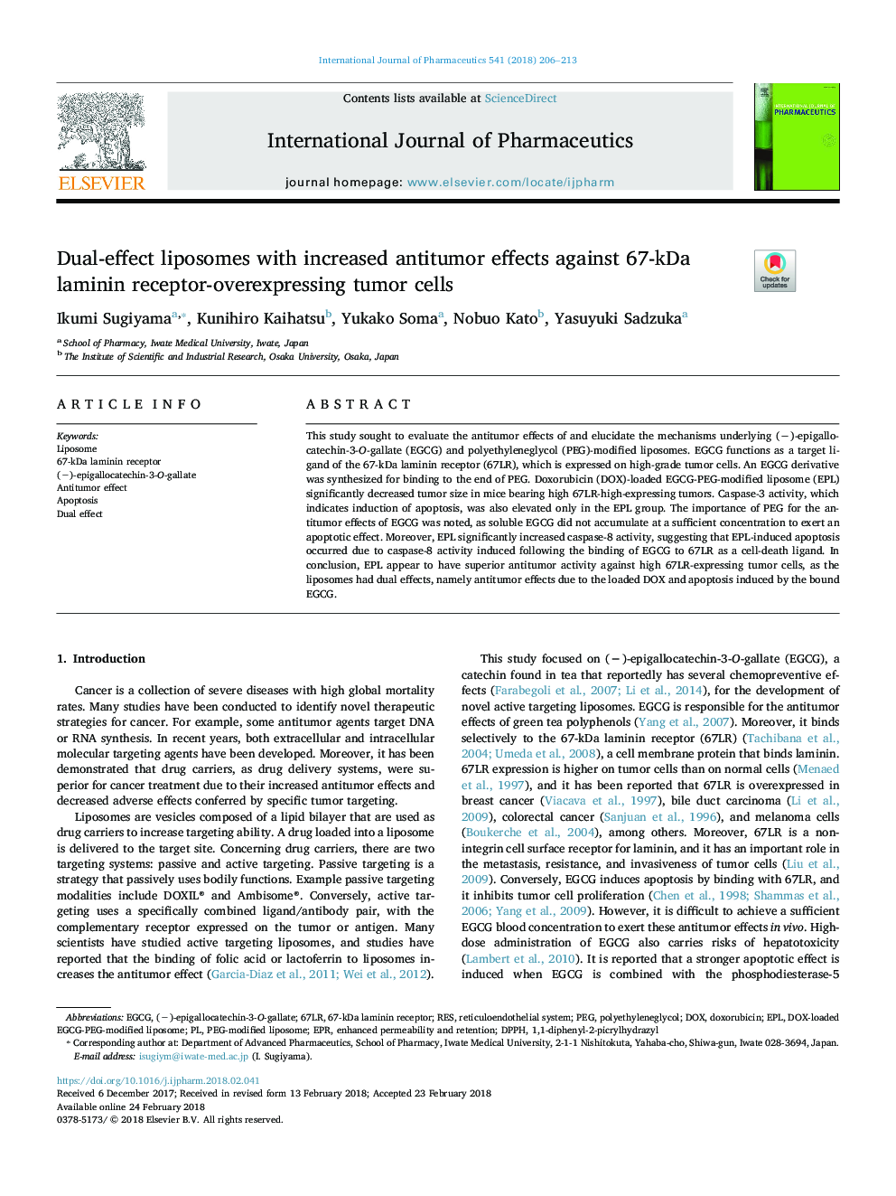 Dual-effect liposomes with increased antitumor effects against 67-kDa laminin receptor-overexpressing tumor cells